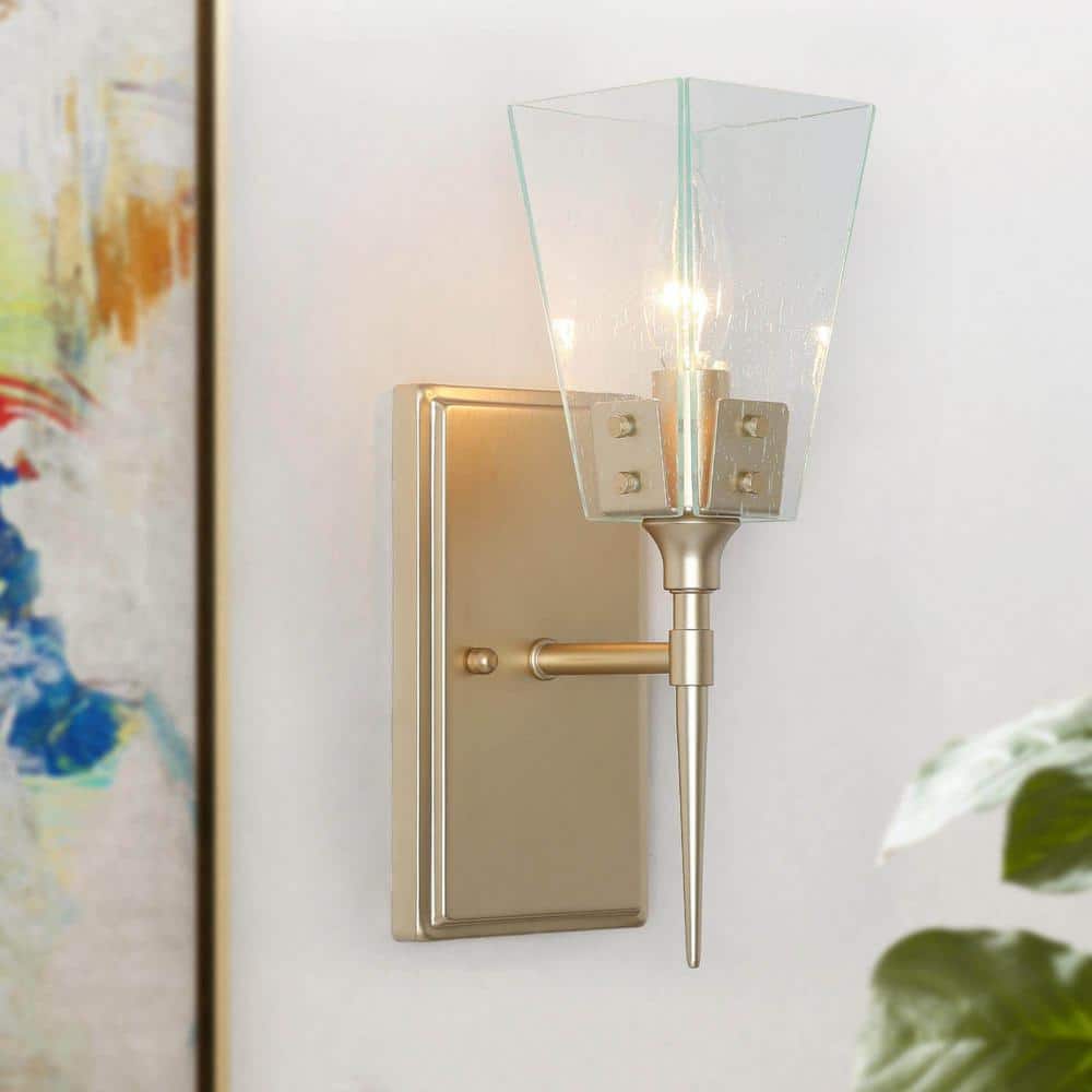 Modern Funnel Bathroom Vanity Light 1-Light Gold Square Bedroom Wall Light with Seeded Glass Shade price history on PriceWatchPro