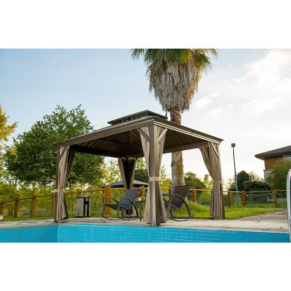 10 ft. x 12 ft. Outdoor Hardtop Metal Gazebo, Aluminum Frame w/Double Canopy, Curtains, Netting for Patio Backyard Brown