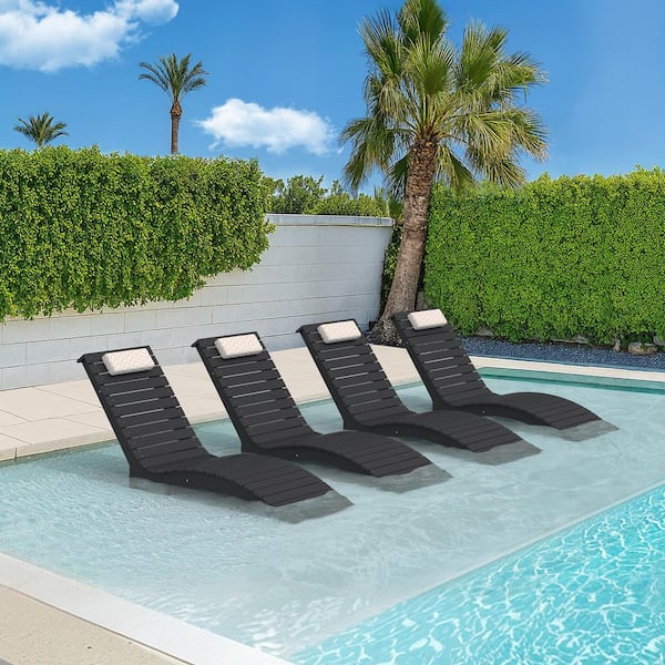 Sasha Black HDPS Plastic Patio Lounge Chair Waterproof Fade-Resistant Outdoor Chaise Lounge with Headrest Set of 4