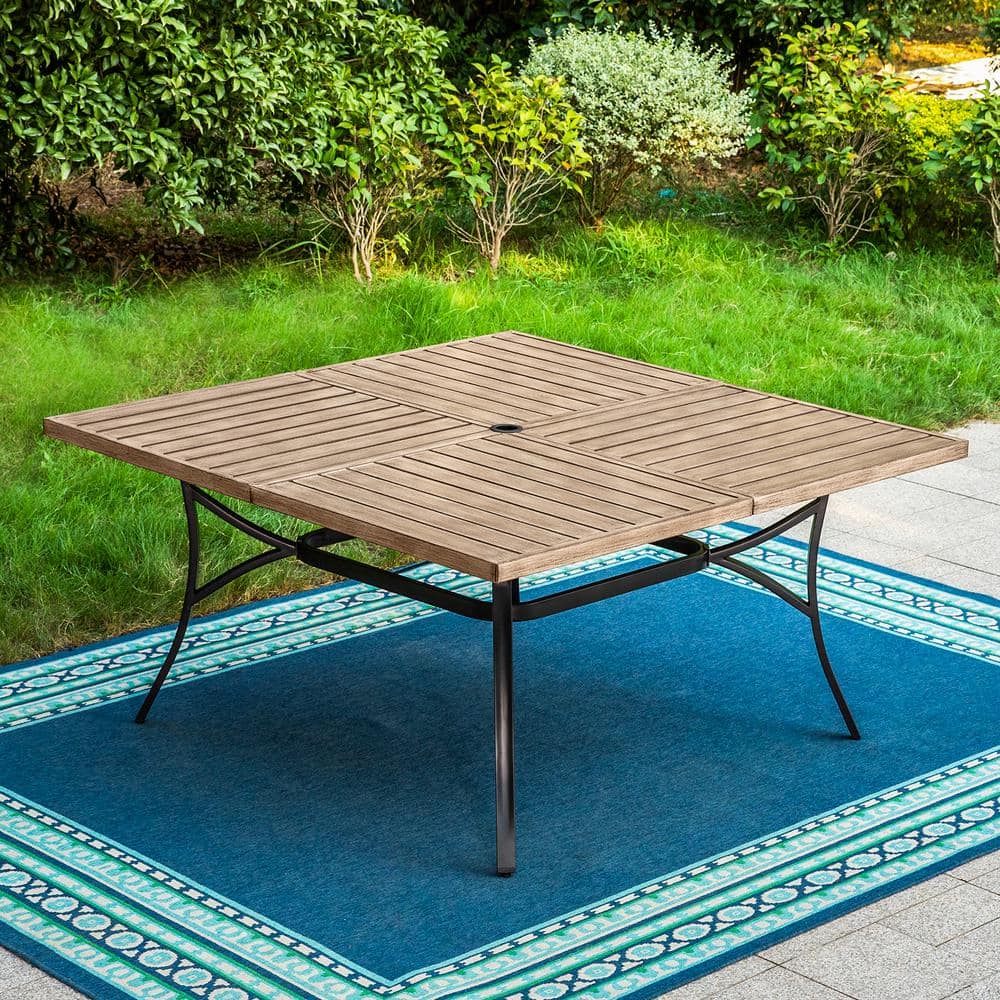 PHI VILLA Black Slat Wood Finish Square Metal Patio Outdoor Dining