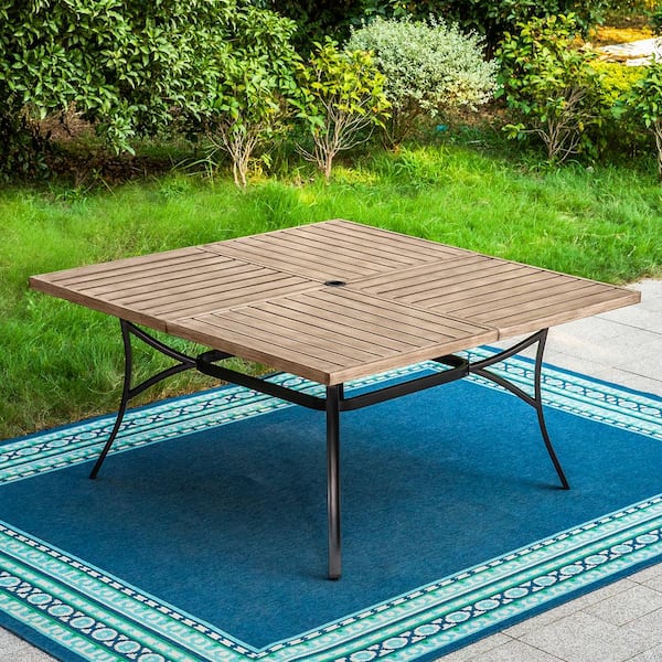 PHI VILLA Black Slat Wood Finish Square Metal Patio Outdoor Dining Table