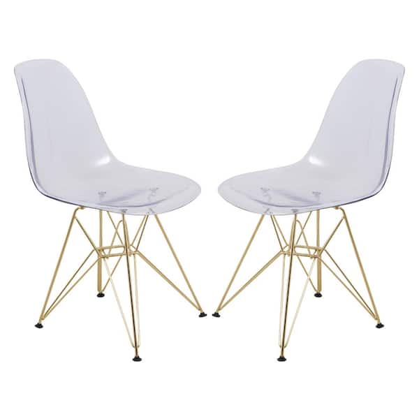 Leisuremod Cresco Modern Plastic Molded Dining Side Chair with Eiffel Gold Legs Clear (Set of 2)