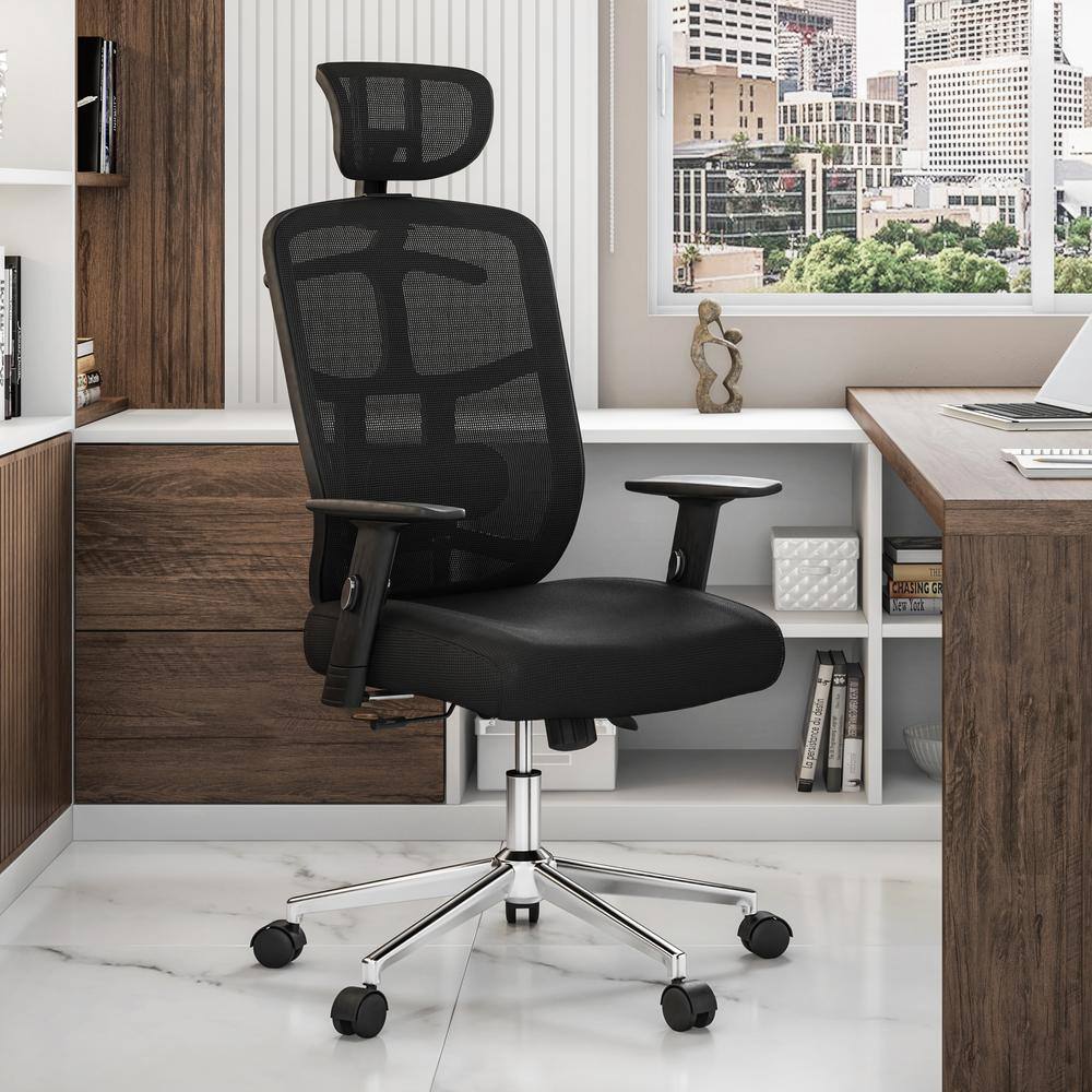 Executive High-Back Black Mesh Swivel Office Chair with Metal Base