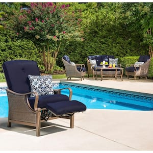 Ventura All-Weather Wicker Reclining Patio Lounge Chair with Navy Blue Cushion