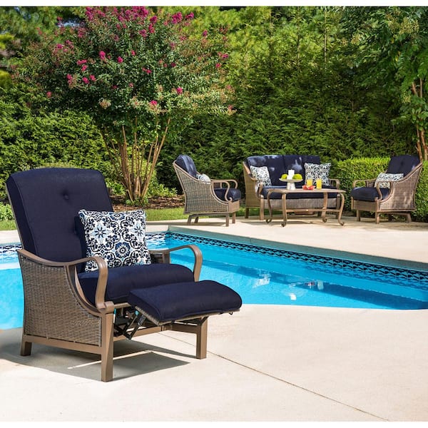 Hanover Ventura All-Weather Wicker Reclining Patio Lounge Chair with Navy Blue Cushion