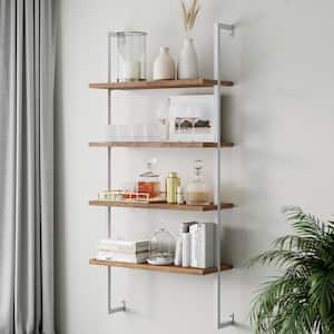 Theo Rustic Oak 64 in. 4-Shelf Wood Floating Wall Mount Shelves Bookcase and White Pipe Metal Frame