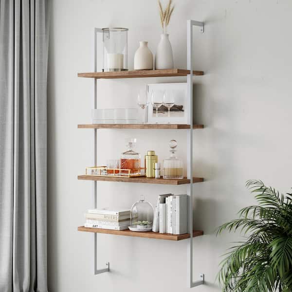 Nathan James Theo Rustic Oak 64 in. 4-Shelf Wood Floating Wall Mount Shelves Bookcase and White Pipe Metal Frame