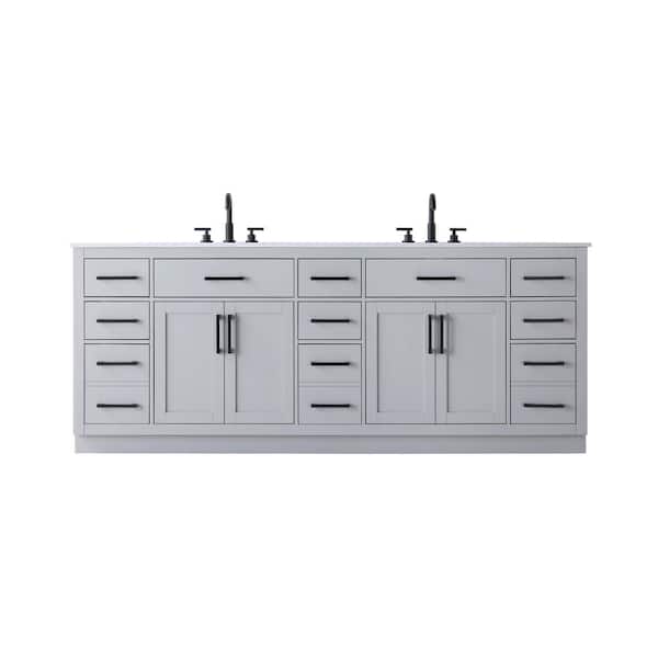 84 in. Double Sink Grey Bath Vanity with White Engineered Marble Top