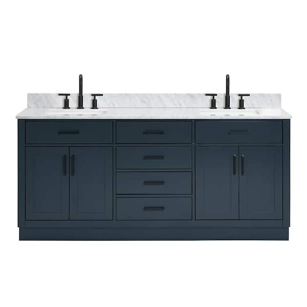 Hepburn 72 in. Double Sink Freestanding Bathroom Vanity in Midnight Blue with 0.75 in. Carrara White Marble Top