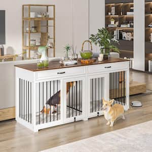 Indoor Large Furniture Style Dog House Kennel with 2 Drawers, Large Dog Crate Cage Furniture for 2 Medium Dogs, White