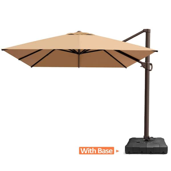 Heavy-Duty 13.5 ft. x 10 ft. Metal Aluminum Cantilever 360° Swivel Patio Umbrella with Stand Fillable Base in Tan