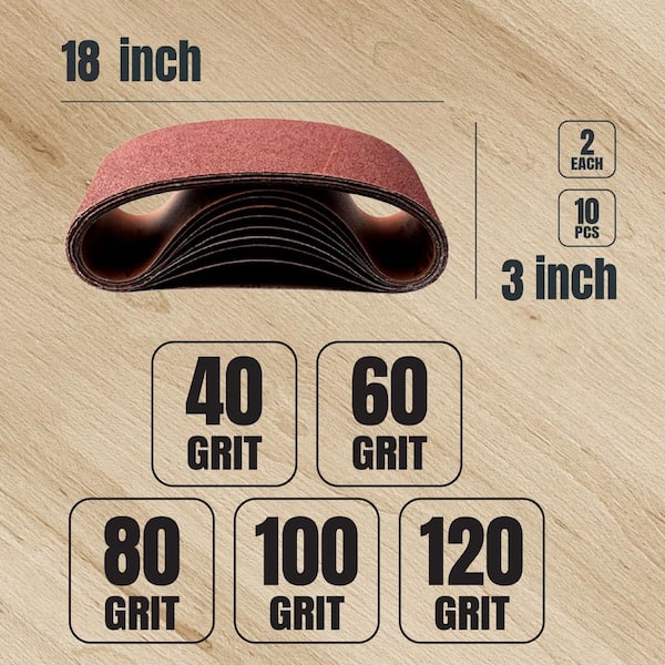 POWERTEC 3 in. x 18 in. 40/60/80/100/120-Grits Aluminum Oxide Sanding Belt Assortment for Portable Belt Sander (10-Pack)
