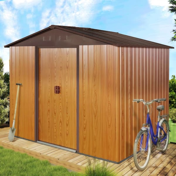 8 ft. x 6 ft. Outdoor Metal Storage Shed Garden Tool Room with Floor Base and Sliding Doors, Coffee (39 sq. ft.)