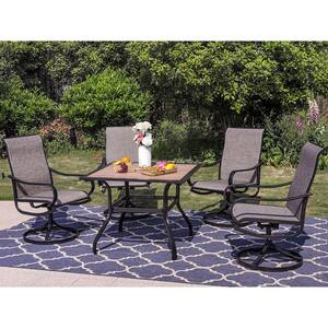 Black 5-Piece Metal Square Patio Outdoor Dining Set with Wood-Look Table and Textilene Swivel Chairs