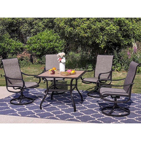 Black 5-Piece Metal Outdoor Patio Dining Set with Wood-Look Square Table and Textilene Swivel Chairs