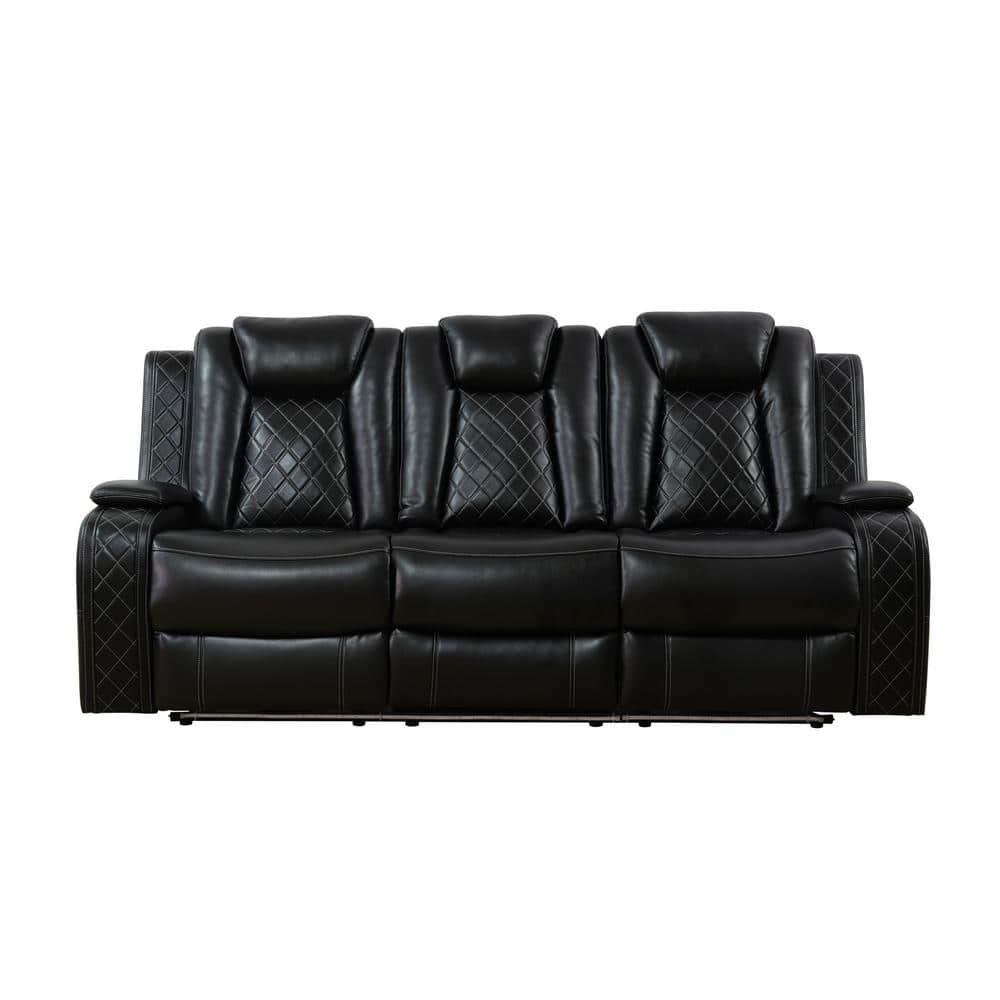 83.5 in. W Round Arm Faux Leather Rectangle Reclining Sofa in. Black