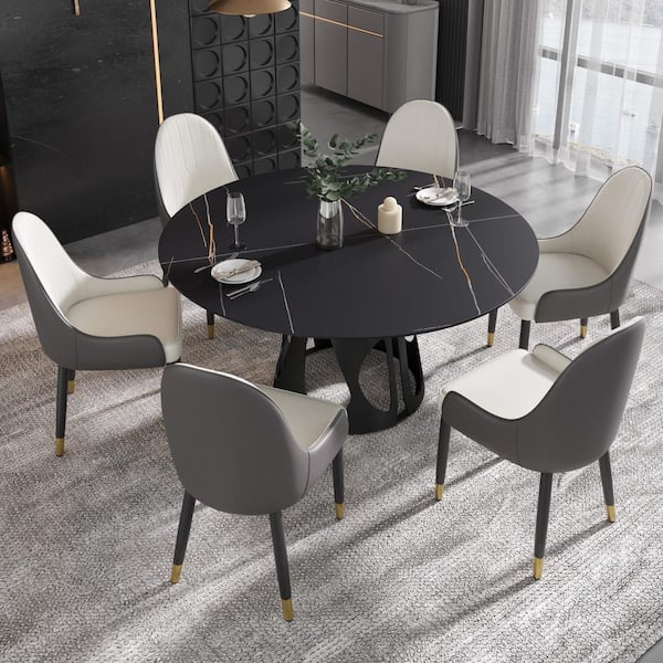 J&E Home Black Marble Top 53.15 in. Pedestal Round Dining Table (Seats 6)