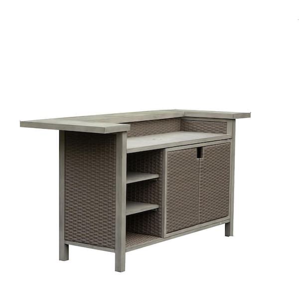Beige Wood Grain Outdoor Aluminum PE Wicker Serving Cart with Cabinet for Patio Kitchen or Bar Cart