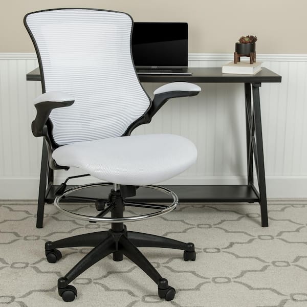 Carnegy Avenue Kelista Mesh Ergonomic Drafting Chair in White Mesh with Flip-up arms and Adjustable Foot Ring