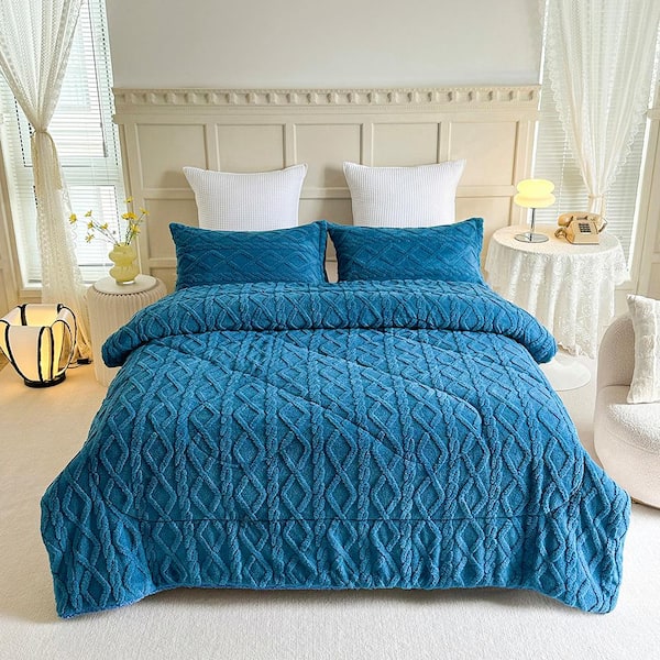 JML 3-Piece Blue Fluffy Sherpa Fleece Comforter Set Tufted Bedding Comforter Set 75 in. x 83 in.