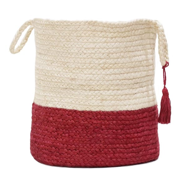 Unbranded Amara Two-Tone Off-White / Red 19 in. Jute Decorative Storage Basket with Handles