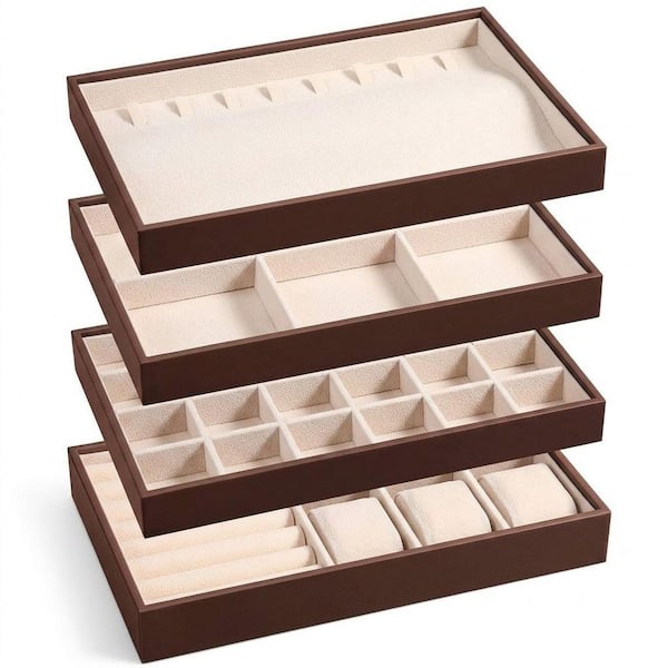 Stackable Jewelry Organizer Trays 4 Set Coffee PU Leather 