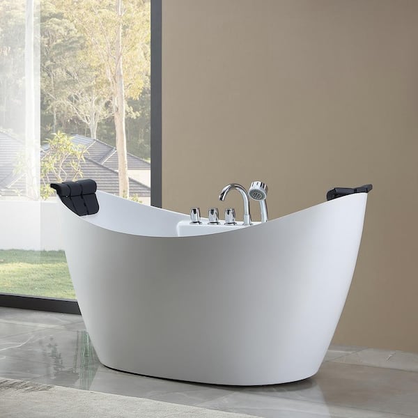 Empava Luxury 59 in. Center Drain Acrylic Freestanding Flatbottom Whirlpool Bathtub in White with Faucet