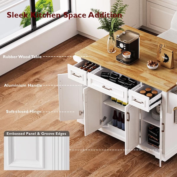 Nestfair White Wood 54 in. Rolling Kitchen Island with Rubber Wood