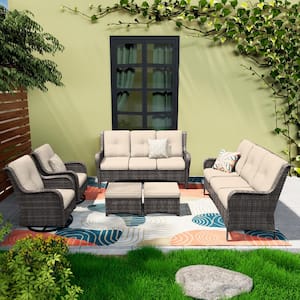 Brown 6-Piece Wicker Patio Conversation Set Rattan Seating Set with Beige Cushion