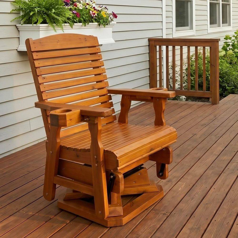 Wood Outdoor Swivel Glider Chair with Cup Holders, All Weather, Heavy Duty 500 lbs for Porch, Yard, Brown price history on PriceWatchPro