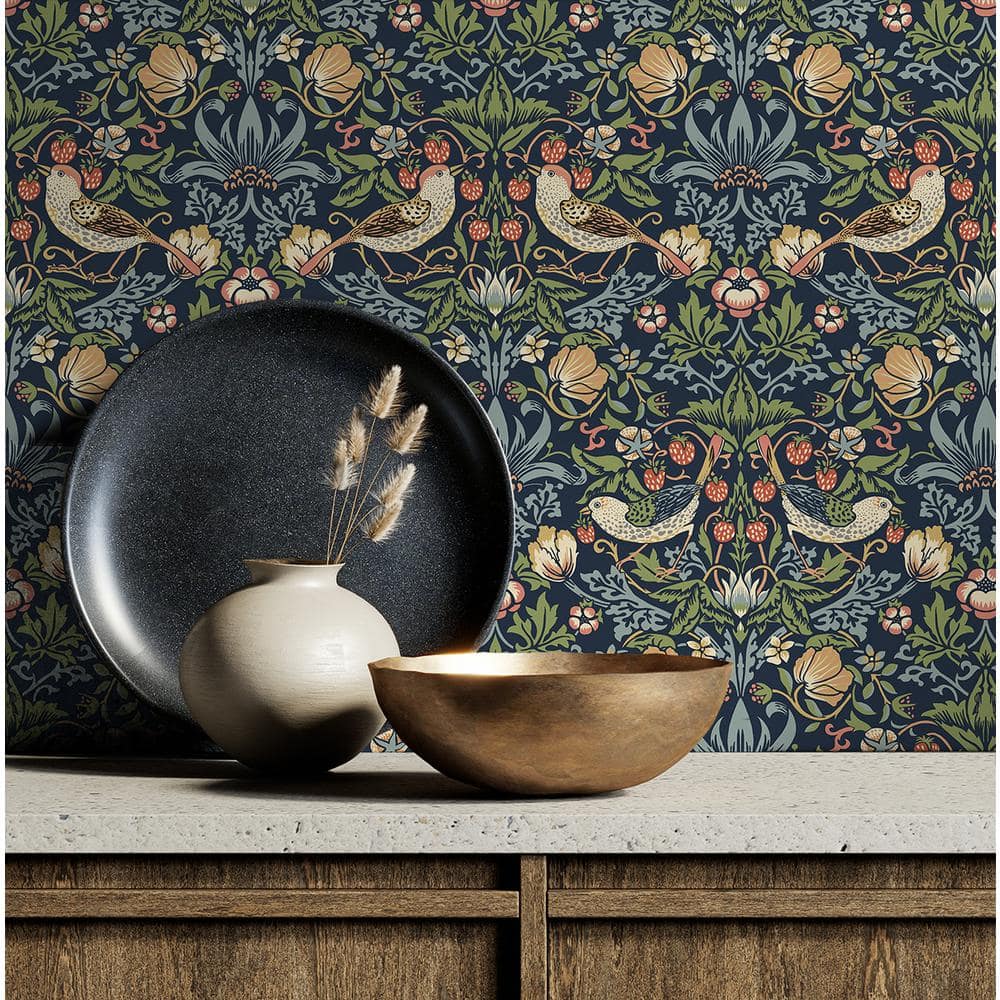 Midnight Blue Botanical Vinyl Peel and Stick Wallpaper Roll