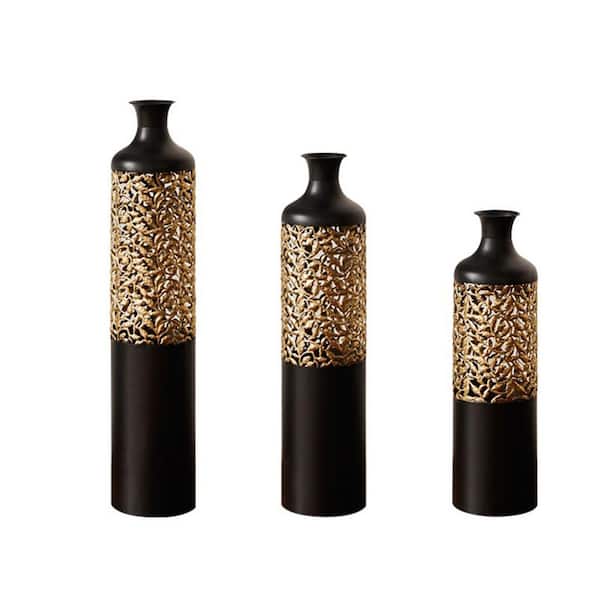 Miscool Avex 21/25/29 in. H Black Gold Metal Cylinder Decorative Vase Set (3-Pieces)