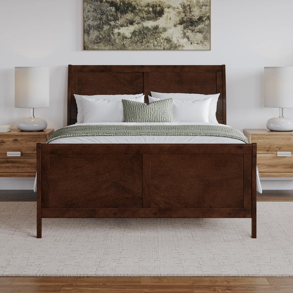 Portland Walnut Queen Wood Sleigh Bed Frame with Footboard
