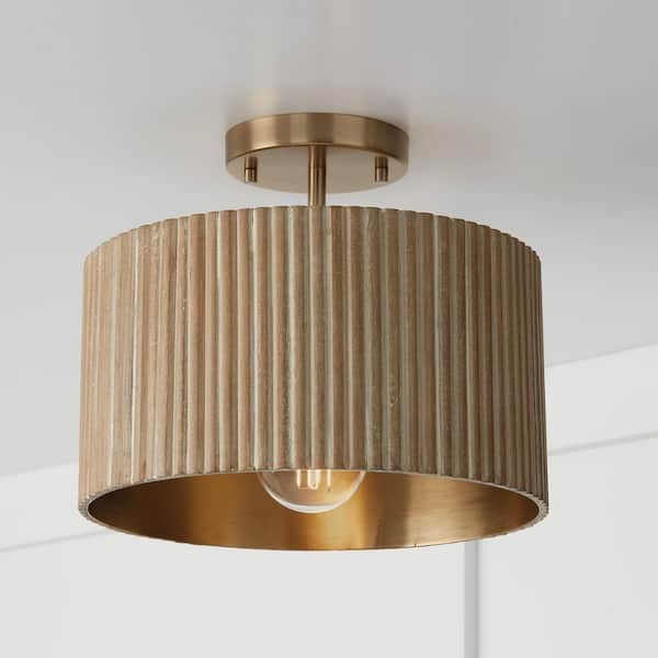 Donovan 12.50 in. 1-Light Drum Matte Brass Semi-Flush Mount Pendant Light for Foyer