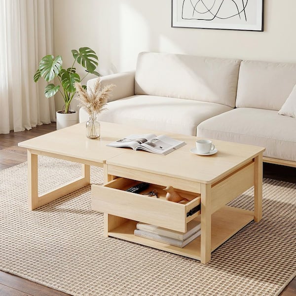 FUFU&GAGA 47.2 in. Natural Rectangular Wood Coffee Table with