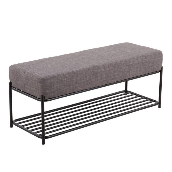 Lumisource Daniella Gray Charcoal Fabric and Black Metal Bench with Storage Shelf (17.5 x 44 x 16)