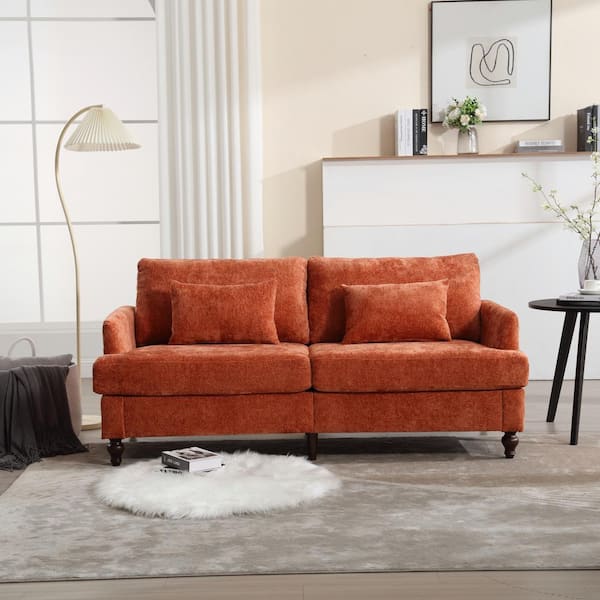 Clihome 63 in. Square Arm Fabric Rectangle Mid Century Modern Chenille Loveseat Sofa 2-Seat Upholstered in Orange Chenille