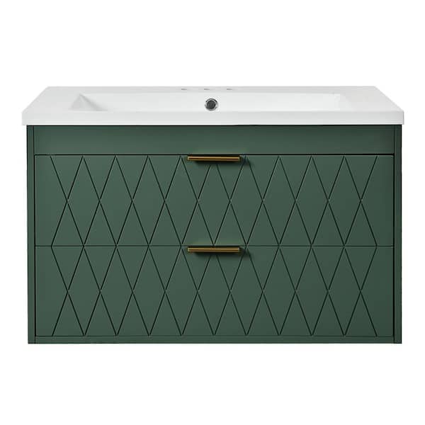 30 in. Single Sink Floating Green Bath Vanity with White Resin Top, 2 Drawers, Solid Wood Frame