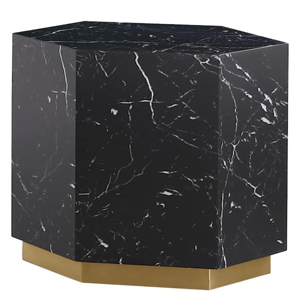 Best Master Furniture Zhuri 23 in. W Hexagon Faux Marble Black End Table in Gold