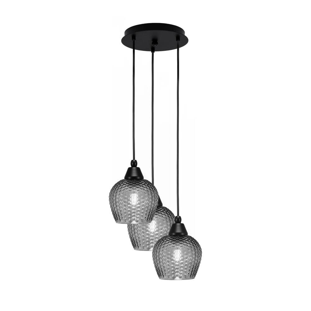 Savannah 9.25 in. 3-Light Matte Black Cord Pendant Light Smoke Textured Gla