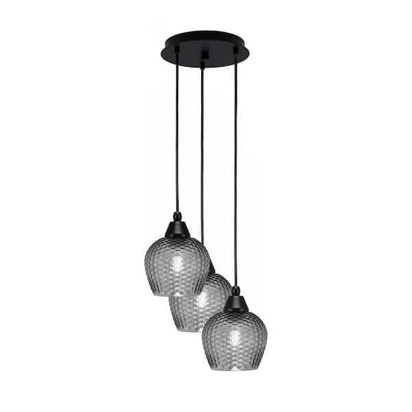 Unbranded Savannah 9.25 in. 3-Light Matte Black Cord Pendant Light Smoke Textured Glass Shade