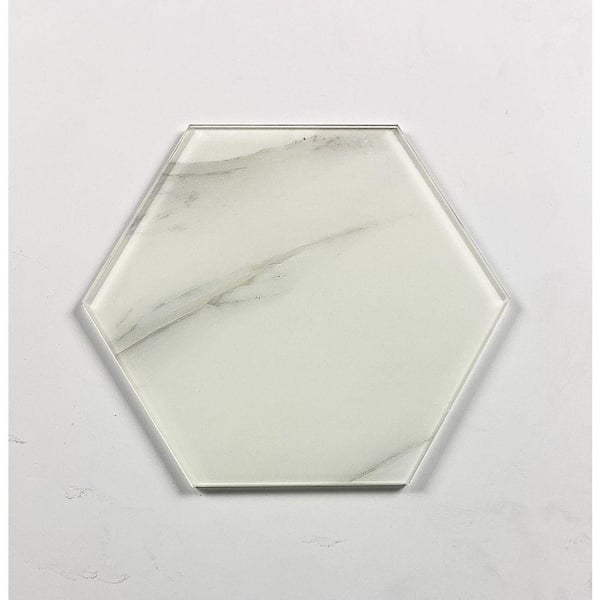 Nature Glossy Calacatta White Hexagon 8 in. x 8 in. Marble Look Glass Wall Tile (20 sq.ft./Case)