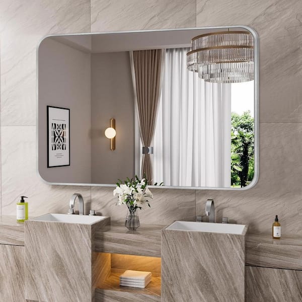 LuxHomez 30 in. W x 48 in. H Silver Vanity Rectangle Wall Mirror Aluminum Alloy Frame Bathroom Mirror