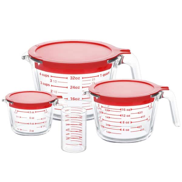 4 Piece Glass Measuring Cup Set with Lids, Borosilicate Clear Markings, Spout, Handle for Kitchen Use