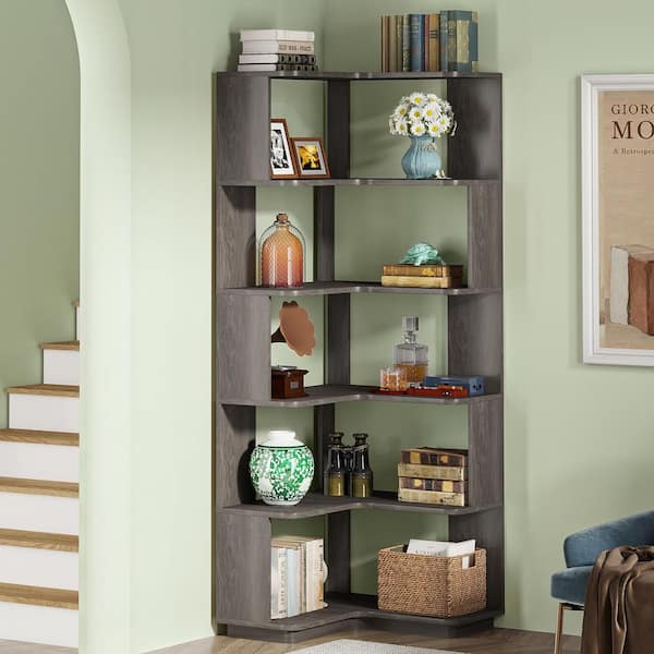 Eula 65 in. Tall Gray Wood 6-Shelf Etagere Standard Farmhouse Corner Bookcase Home Office Display Organizer