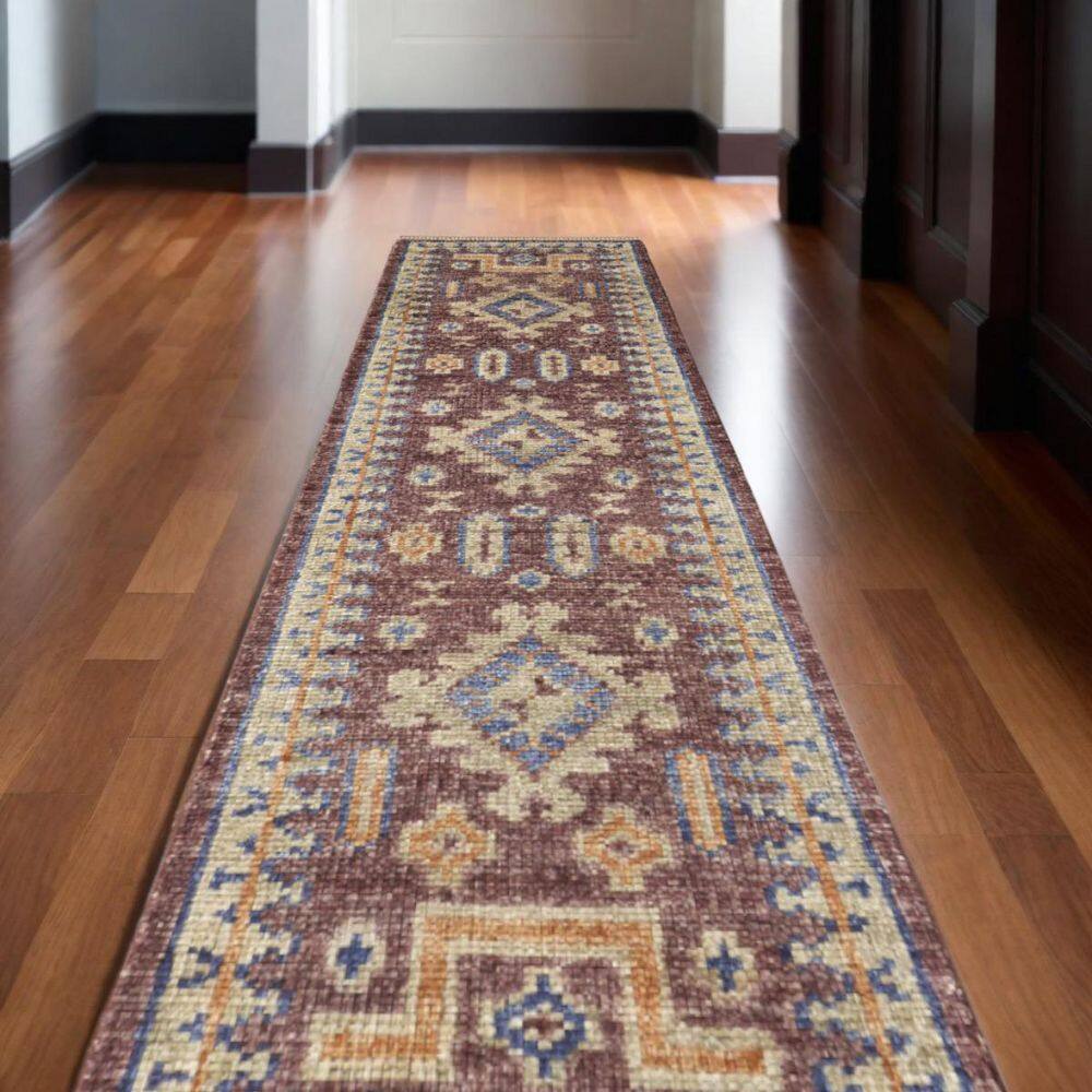 Hand-Knotted Red Wool Runner Rug with Geometric Pattern