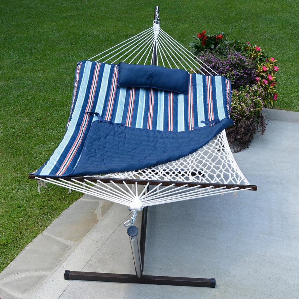 Blue and Red Cotton Rope Hammock with Stand, Pad, and Pillow
