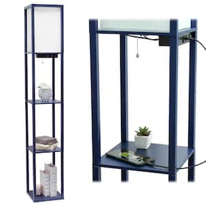 62.5 in. Navy Floor Lamp Etagere Organizer Storage Shelf with 2 USB Charging Ports, 1 Charging Outlet and Linen Shade