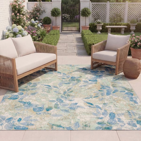 Barbados 8 ft. x 10 ft. Abstract Blue/Ivory Leaf Indoor/Outdoor Area Rug