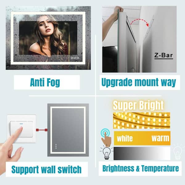 Super Bright 32 in. W x 24 in. H Rectangular Frameless Anti-Fog LED Wall Bathroom Vanity Mirror with Front Light